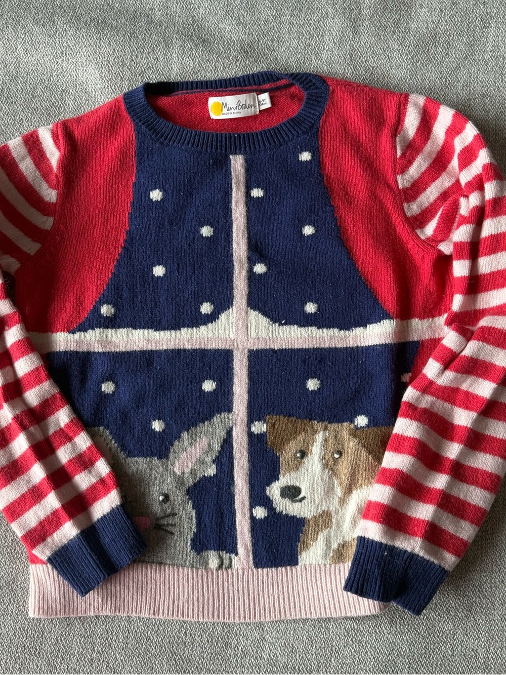 Mini Boden Navy, Red and Pink Crewneck Sweater with Dog & Bunny Window Motif